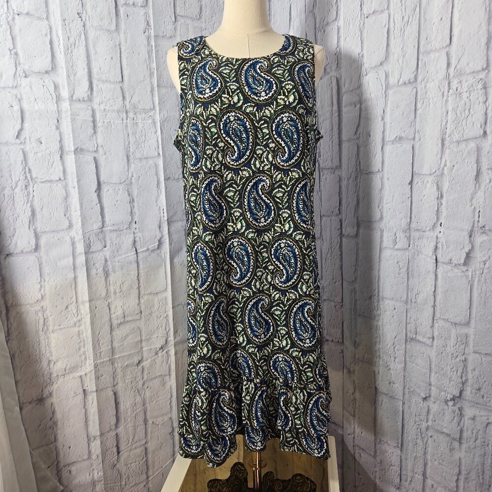 Tommy Hilfiger Size 14 Green Blue Bold Paisley Print SLeeveless Ruffle Hem Dress